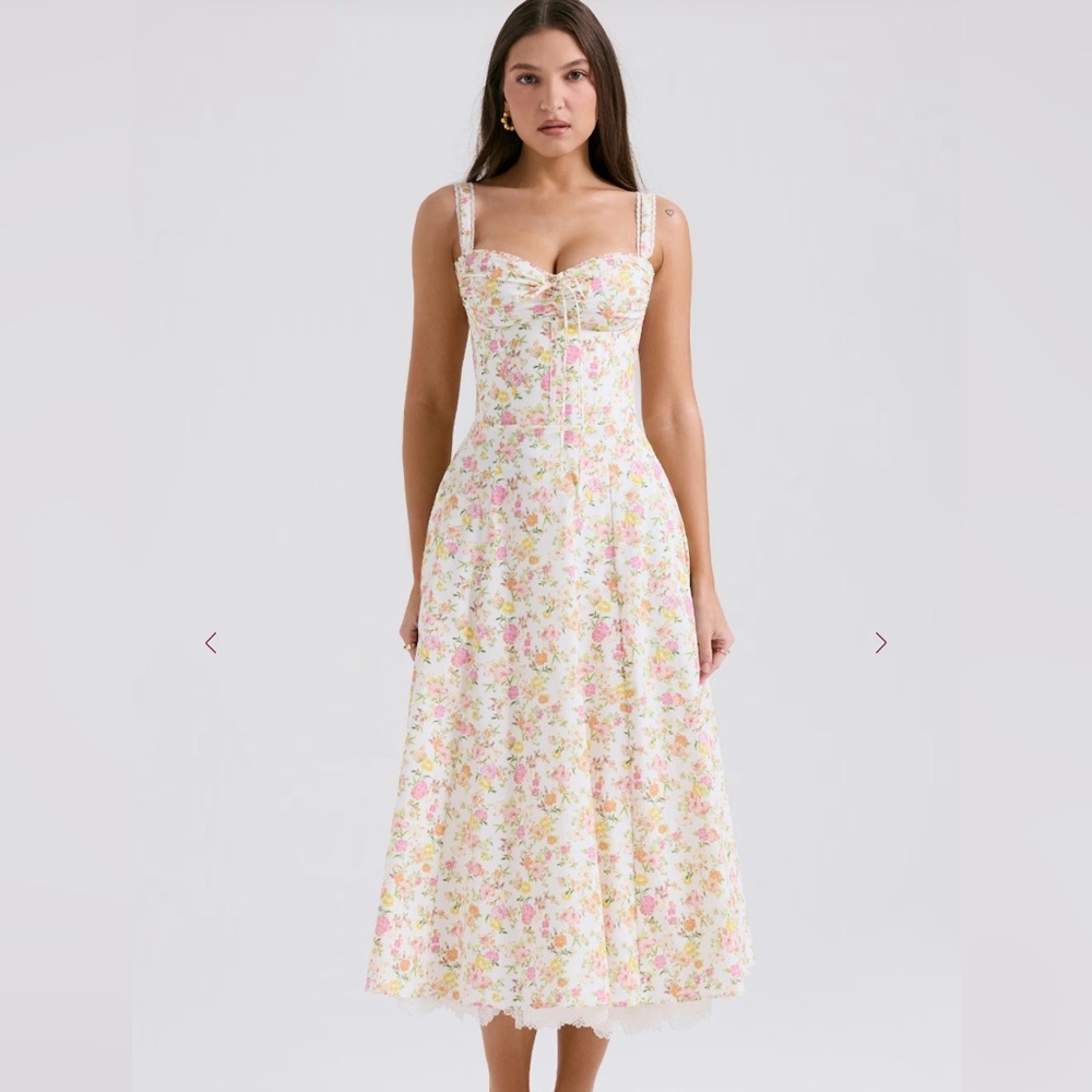 House Of CB “Rosalee” ivory meandow print cotton bustier sun dress.